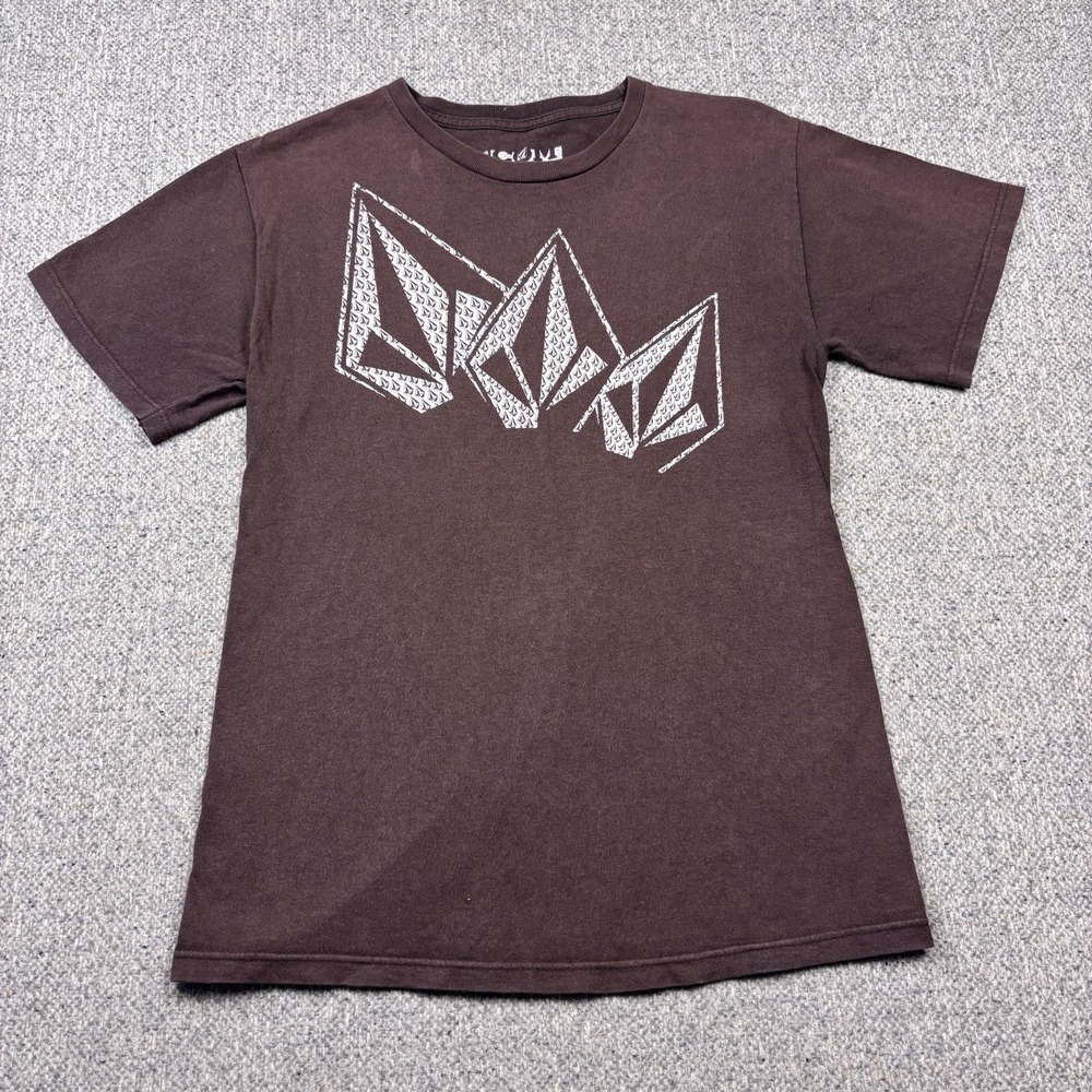 Vintage Volcom Men Size S Brown T Shirt Y2K Diamond aop Logo Skate Tee Back Hit